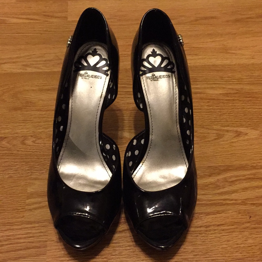 Black patten peep-toe heels